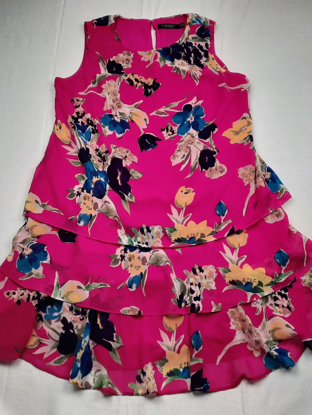 Lauren Ralph Lauren Spring Wedding Guest Dress Boho Pink Floral Ruffle Size 12 - Picture 3 of 9